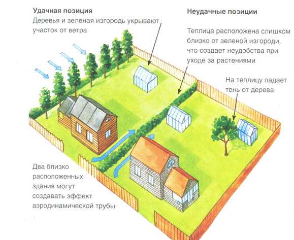 Расположение теплицы рядом с домом, забором и другими постройками