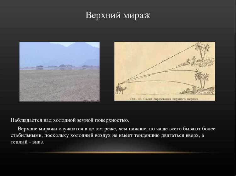 Для моделирования подобных эффектов важно учитывать вертикальный температурный профиль атмосферы. Использование радиозондов и данных с метеостанций позволяет предсказать вероятность образования верхних миражей в конкретном регионе при заданных погодных условиях.